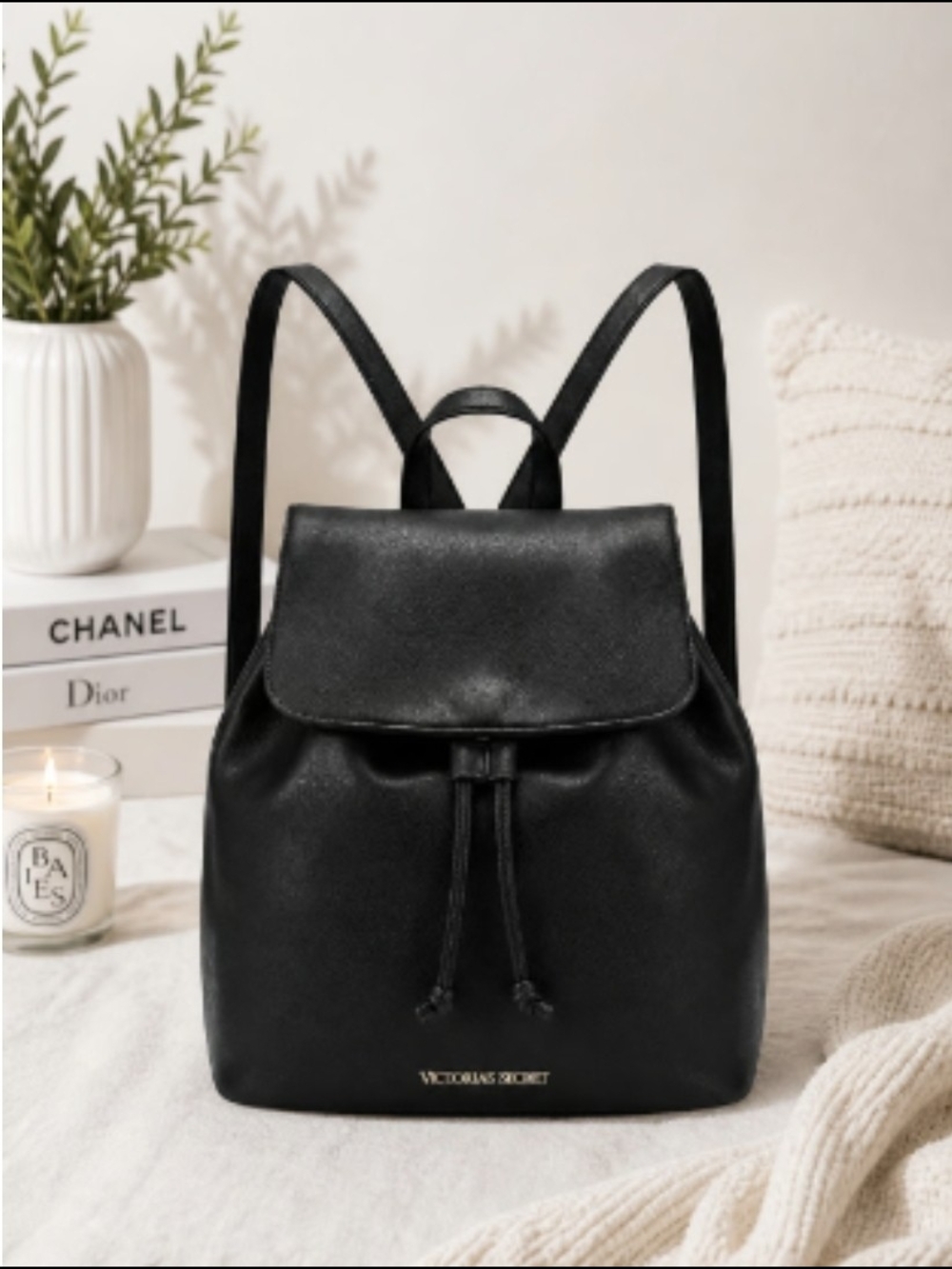 Victoria's Secret Black Faux Leather Drawstring Backpack
